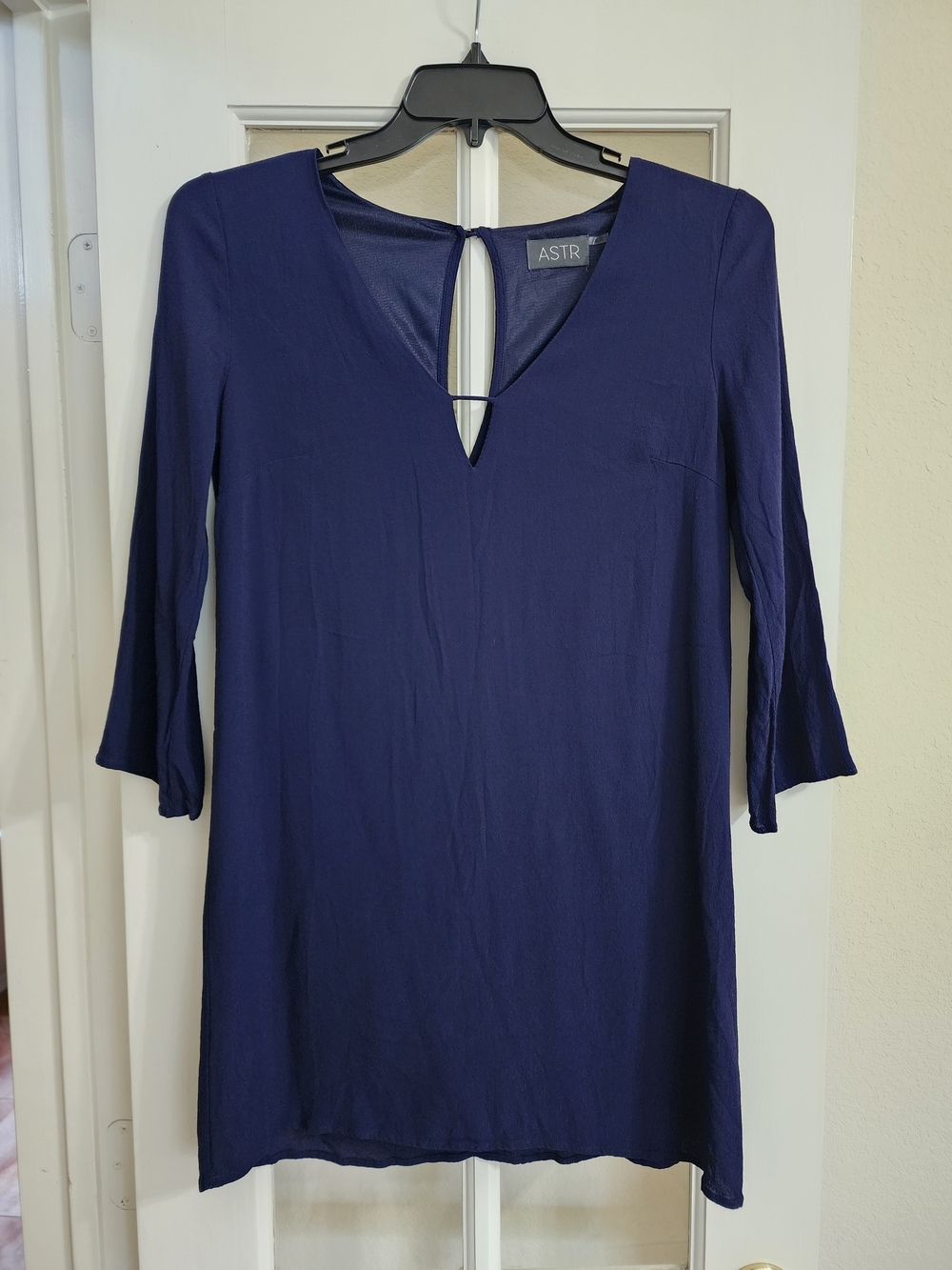 ASTR Blue Rayon Shift Dress Bell Sleeve Keyhole Neck Medium